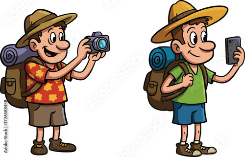 Cartoon tourists with backpacks taking photos, traveler with camera, adventurer with smartphone selfie, hiking holiday, summer vacation trip, outdoor travel exploration