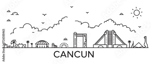 Cancun Line Art skyline banner. Cancun, Mexico. with white background