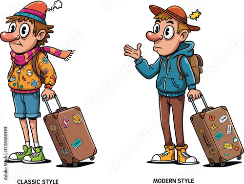 Cartoon tourists with luggage, classic travel style, modern travel style, funny characters, vacation journey, holiday trip, tourism adventure, traveler illustration
