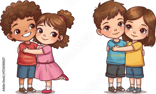 Cute cartoon children hugging, happy boy and girl friendship, adorable kids illustration, playful character design, friendship vector art for stock images