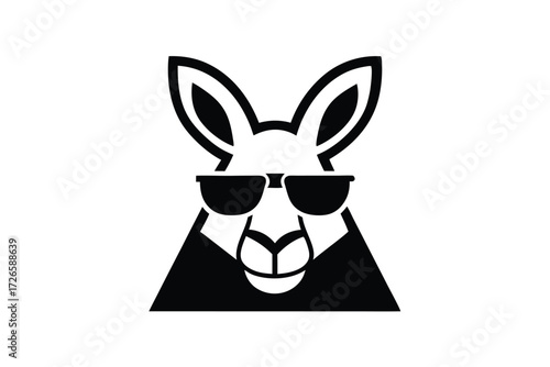 Black silhouette reveals kangaroo head wearing sunglasses on white background, looking forward
