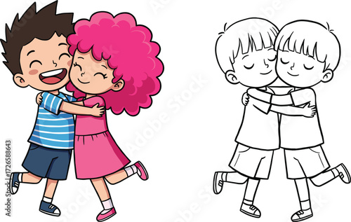 Happy cartoon children hugging, boy and girl friendship, coloring page kids, cute vector art illustration, adorable friendship drawing for stock images