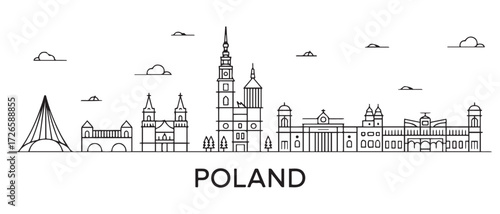 Poland Line Art skyline. Travel Poland famous landmarks. with white background