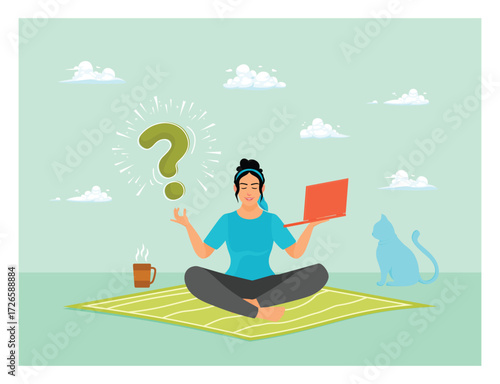 Woman Meditating on Yoga Mat Outdoors with Laptop, Coffee, and Cat Nearby to Solve problem.