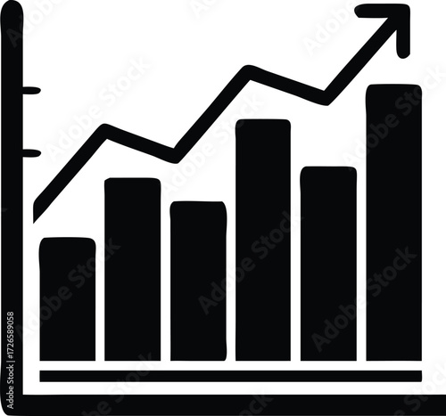 Black silhouette shows an upward trend chart with increasing columns and arrow