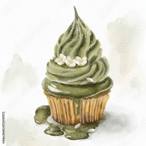 Matcha Cupcake with White Flowers and Drizzled Frosting Illustration