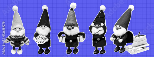 Halftone vintage christmas santa collage. Merry Christmas and Happy New Year. Set of vectors cut out holiday elf.