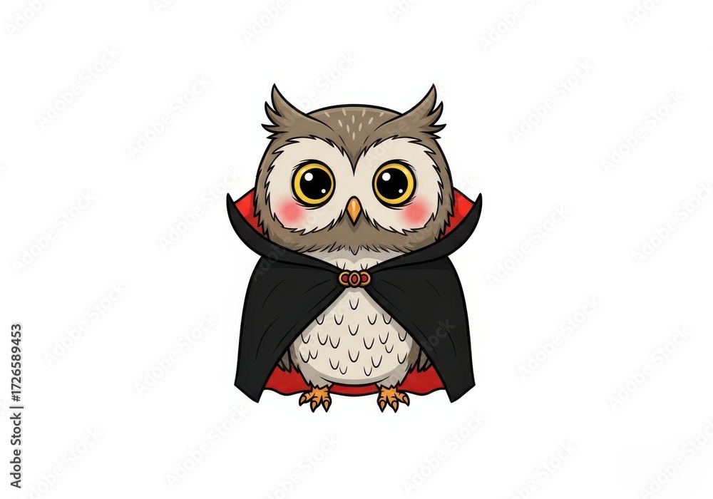 Obraz premium Cute cartoon owl wearing a vampire cape with red lining animal bird