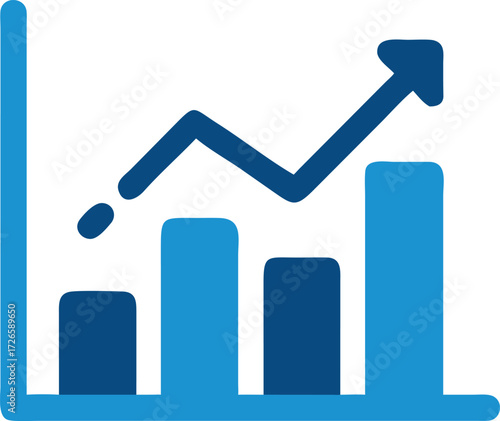 Blue graph with arrow illustrates growth and positive financial trending upwards over time