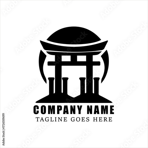 Minimalist Torii Gate with Rising Sun Logo Vector, Black and White Japanese Shinto Symbol, Traditional Cultural Architecture Silhouette for Branding and Heritage Identity