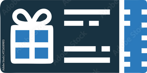 Blue ticket with gift box and perforated edge is displayed prominently in graphic