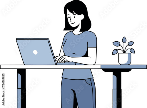 Vector art of a woman stands at a standing desk, typing on a laptop, with a potted plant beside her, illustrating modern work habits and technology use in a clean, minimalist style