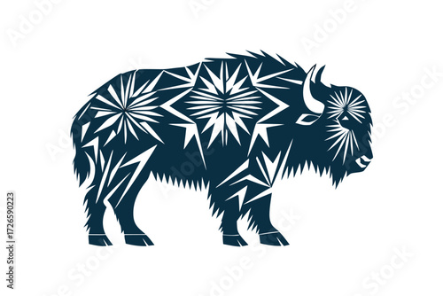 Bold bison art features sharp geometric shapes creating dynamic black and white monochrome abstract pattern