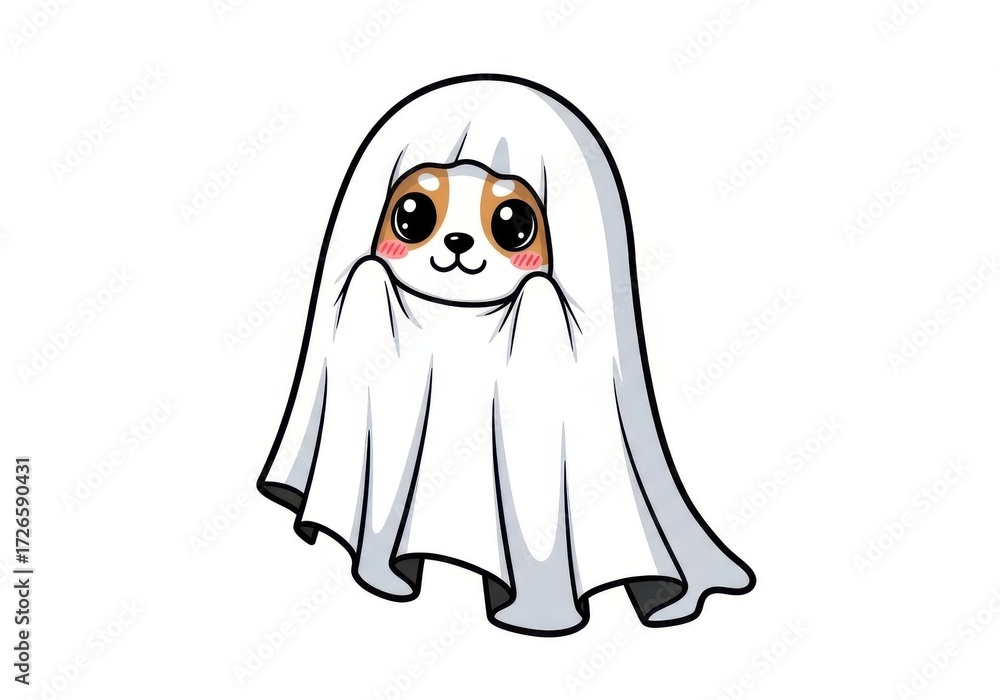 Obraz premium Cute dog wearing a ghost costume peeking out with blush puppy sheet