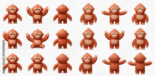 Fifteen cartoon orangutans in various poses, including standing, sitting, and raising arms, against a transparent background.