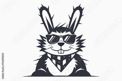 Cartoon hare wearing sunglasses and a neckerchief smiles with its two teeth showing clearly