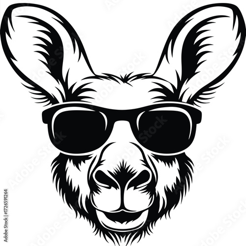 Cartoon kangaroo wears sunglasses, portraying a fun animal concept in monochrome style