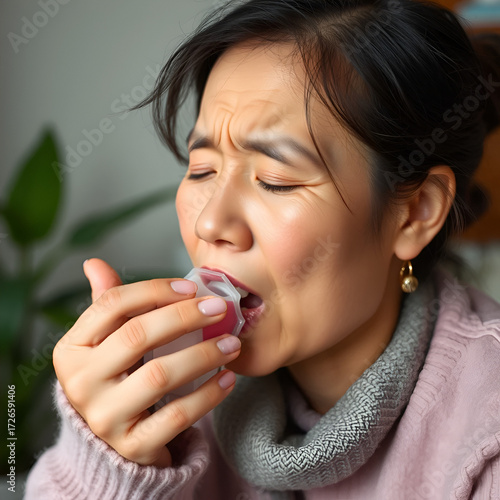 Asian woman chocking suffering asthma attack at home
