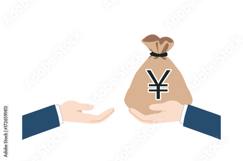 円のお金袋を手渡すビジネスマンの腕のイラスト｜経済・金融・投資向けフラットベクターアイコン, Vector illustration of business hand handing over a yen money bag icon, flat design for finance, economy and investment.