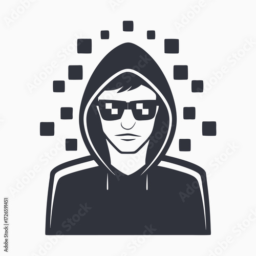 Character with pixelated sunglasses and hoodie stands amid floating squares, creating a techsavvy vibe