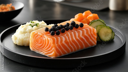 Salmon fillet, mashed potatoes, and vegetables on dark plate