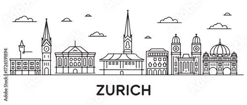 Zurich Line Art skyline banner. Zurich, Switzerland. with white background