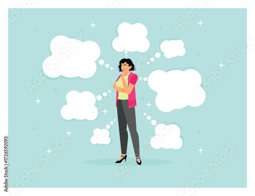 Too many thinking ideas concept. Woman overwhelmed issues or busy problem to be solved.