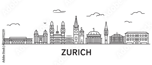 Zurich Line Art skyline banner. Zurich, Switzerland. with white background