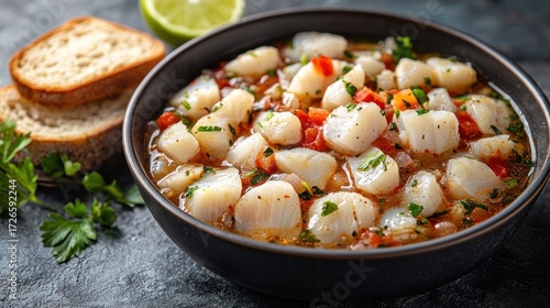 Seafood ceviche in bowl with bread