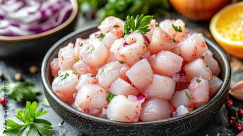 Seafood cubes, fresh, colorful, vibrant