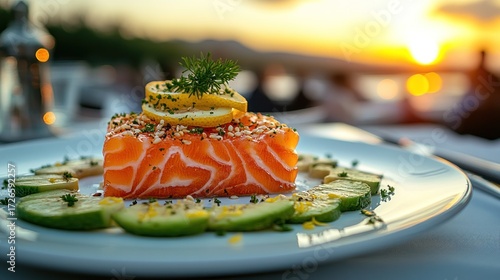 Seared salmon dish, sunset view