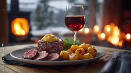 Seared steak, potatoes, and wine by fireplace