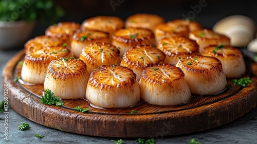 Seared scallops on a wooden board
