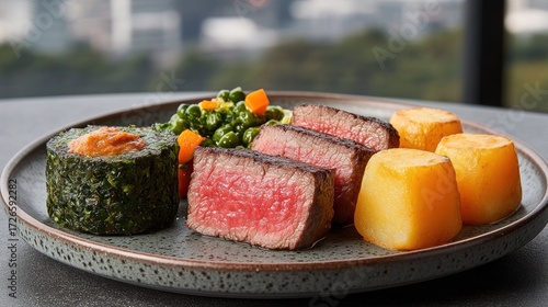 Seared steak with spinach, carrots, and potatoes