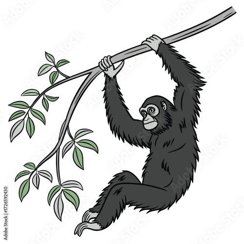 Cartoon orangutan hanging from a tree branch with green leaves Keywords: orangutan, ape, primate, monkey