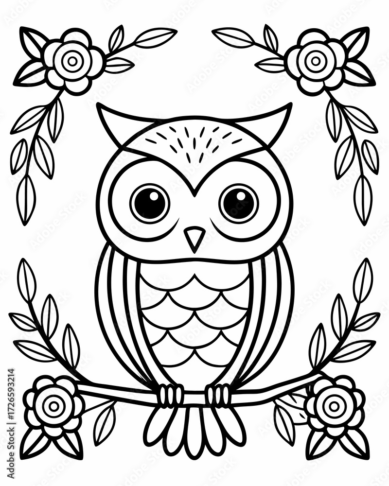 Obraz premium Whimsical Owl Amidst Blossoming Branches An Enchanting Black and White Illustration for Coloring Enthusiasts of All Ages