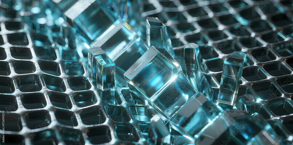 Naklejka premium Transparent blue glass cubes arranged on a metallic grid surface with reflective lighting