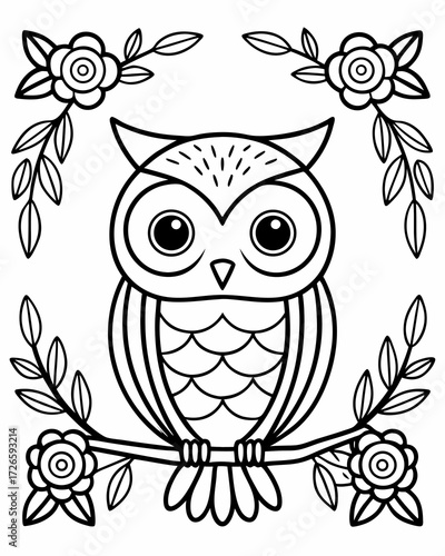 Whimsical Owl Amidst Blossoming Branches An Enchanting Black and White Illustration for Coloring Enthusiasts of All Ages