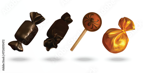 Halloween Candy 3d icon set. Wrapped Sweets and Spider Lollipop vector 3d illustration