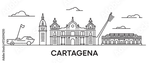 Cartagena Line Art skyline horizontal banner. Cartagena, Colombia. with white background