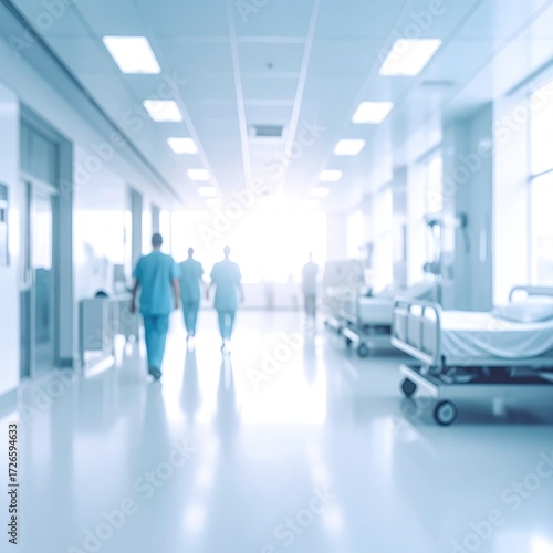 Blurred hospital hallway with medical personnel