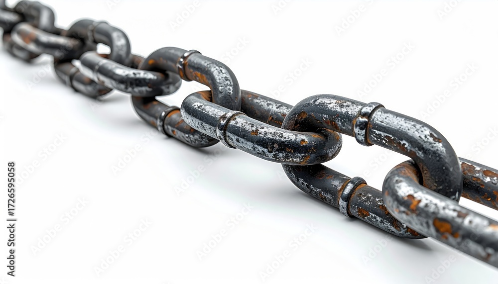 Fototapeta premium Rusty metal chain stretches across a white background