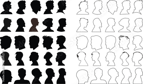 User profile icon set. Profile, people silhouette, person, avatar, sign up button vector collection.Black silhouette avatar collection of men heads, profile icons, human face outline, vector design