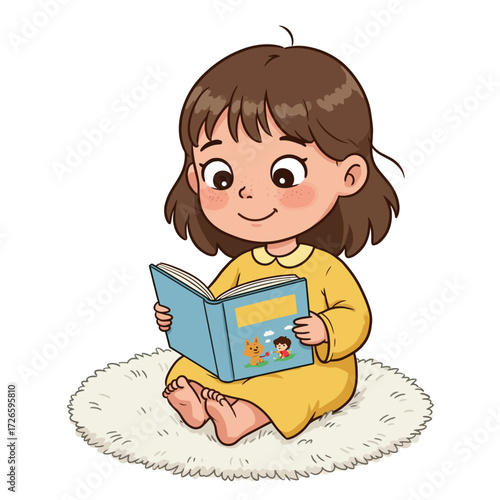 Cartoon girl reading a book sitting on a fluffy white rug smiling sweetly.
