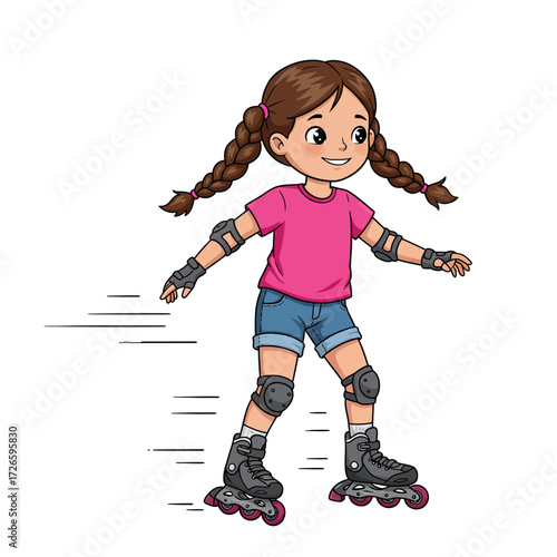 Cartoon Girl Roller Skating with Protective Gear and Braided Hair.