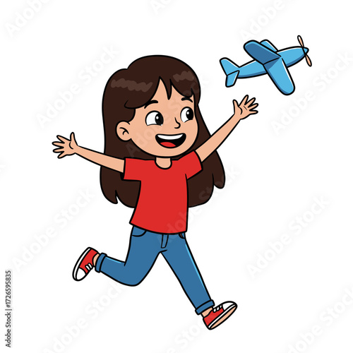 Cartoon girl running with arms raised chasing a blue toy airplane.