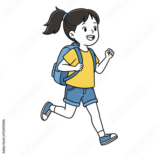 Cartoon girl running with backpack yellow shirt blue shorts ponytail smiling.