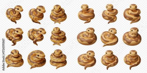 Fifteen cartoon snakes with brown and beige patterns are coiled and posed against a transparent background.
