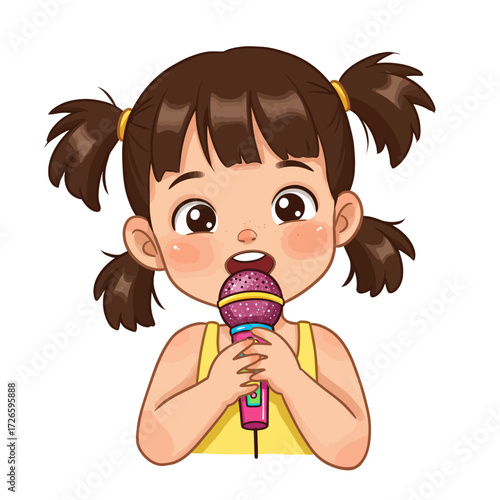 Cartoon girl singing into a pink microphone with brown hair in pigtails.