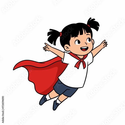 Cartoon girl with black hair red cape and white shirt flying.